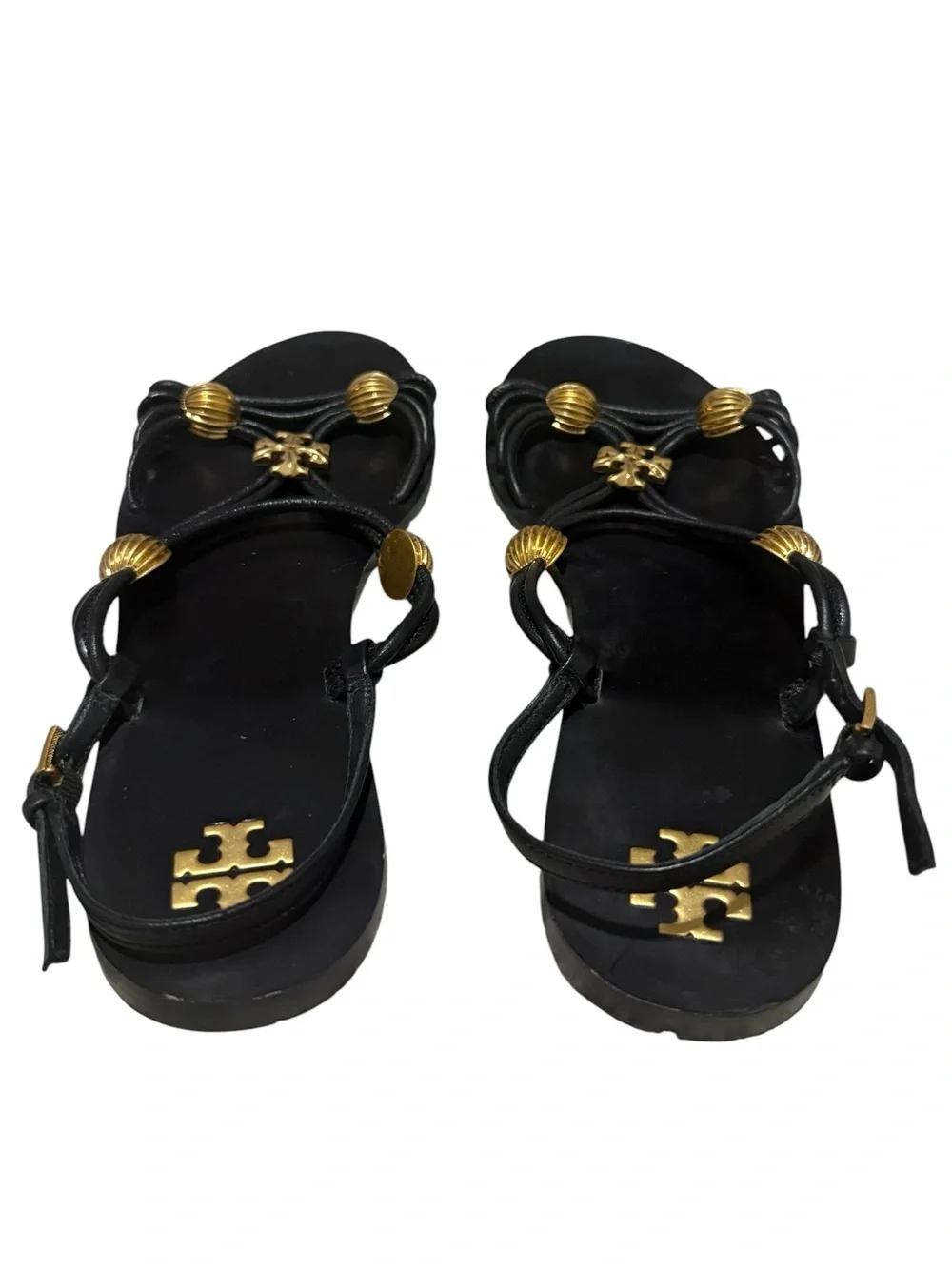 Tory Burch Capri Multi-Strap Sandals in Black and Gold Size 8.5